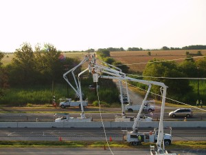 Working on powerlines over I-35